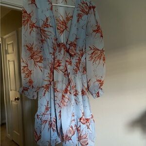 Floral Print V-Neck Dress - Blue and Red